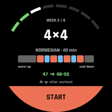 Start screen: week 3 of 8, Norwegian 4×4, 40 min, VO2max 47 to 48-50, START