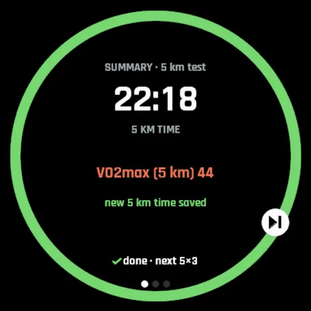 Check-test summary: 5 km in 22:18, VO2max 44, new 5 km time saved