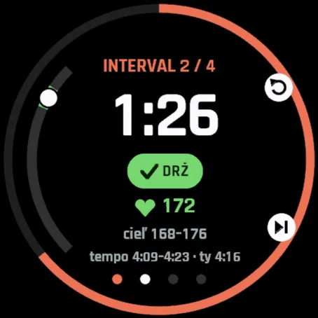 Obrazovka intervalu vo VO2 Rise: interval 2 zo 4, zostáva 1:26, DRŽ, tep 172 v pásme 168 – 176, tempo 4:09 – 4:23