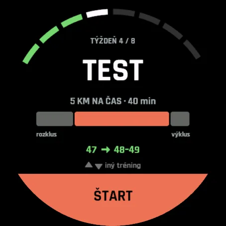 4. z 8 týždňov: TEST, 5 km na čas, 40 min